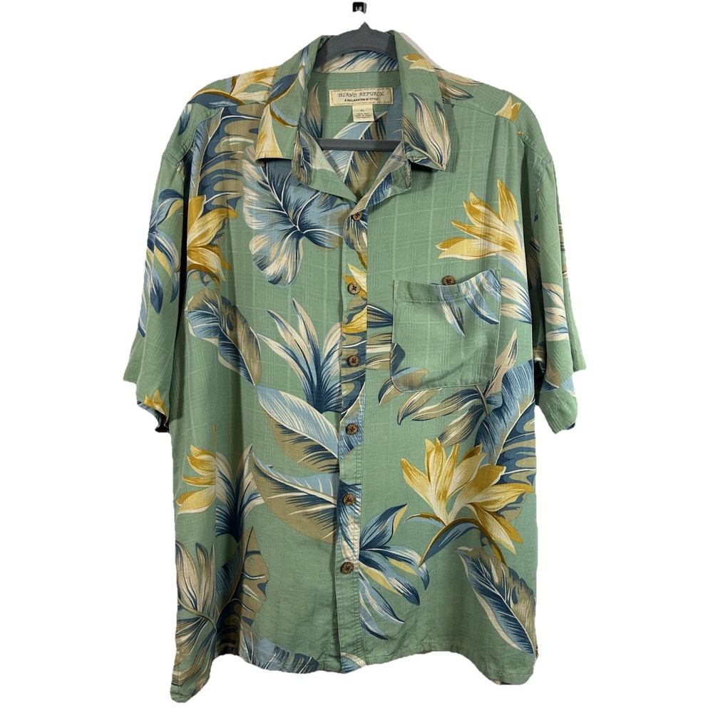 Island Republic 100% Silk Hawaiian Shirt XL Sage Green Tropical Palm Cabanacore
